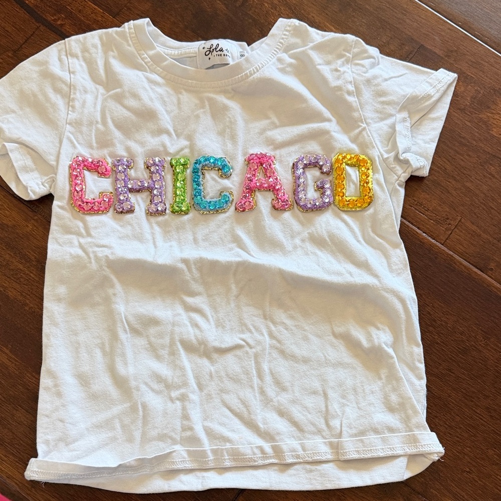 Lola + The Boys White Tee with Multicolor 'CHICAGO' Design
